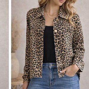 DG2 Animal Print Jean Jacket Stretch Button Front Gold Detail Size Large